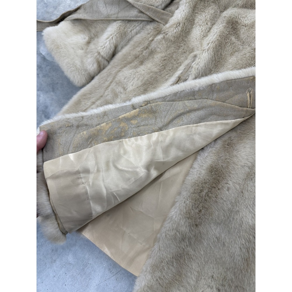 Vintage union made Faux Fur Mink Coat Belted Collar Double Breasted Cream - Picture 3 of 10